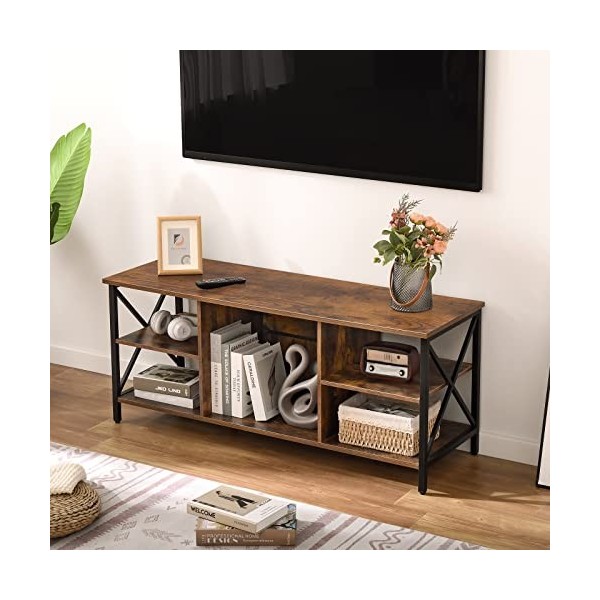 WEENFON Meuble TV industriel pour TV de 140 cm, centre de divertissement multimédia rétro avec 6 étagères de rangement, armoi