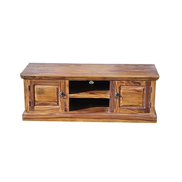 Meuble TV en bois de sheesham avec 2 portes et 2 étagères