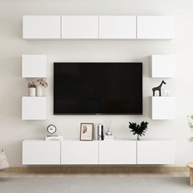 Meuble TV Mural Support TV pour télévision avec Compartiments 8pcs, Meuble de Rangement TV Table pour Salon, Elégance, Blanc