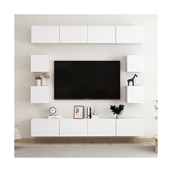 Meuble TV Mural Support TV pour télévision avec Compartiments 8pcs, Meuble de Rangement TV Table pour Salon, Elégance, Blanc