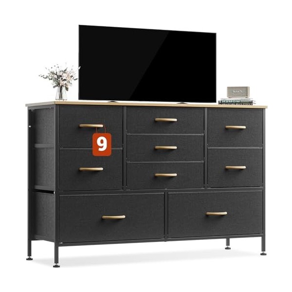 GipGiper Grand meuble TV pour télévision de 55", centre de divertissement avec 9 tiroirs en tissu, unité de rangement pour ch