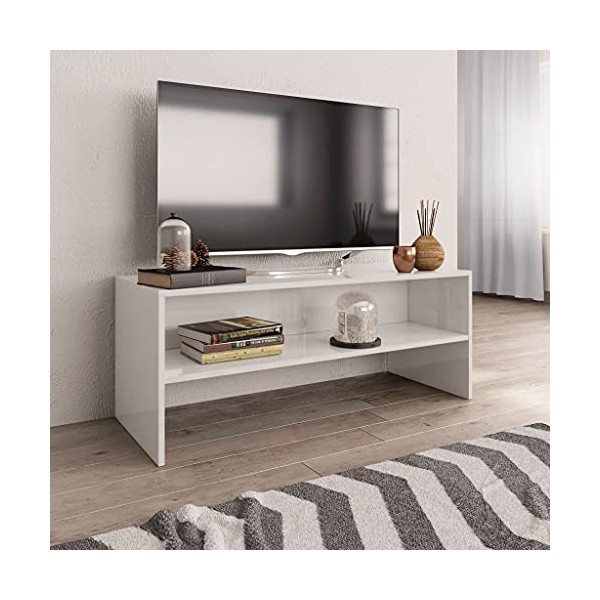 Meuble TV | Style Elégance | Rangement matériel télé Audio Video Gaming | 100x40x40cm Blanc Brillant