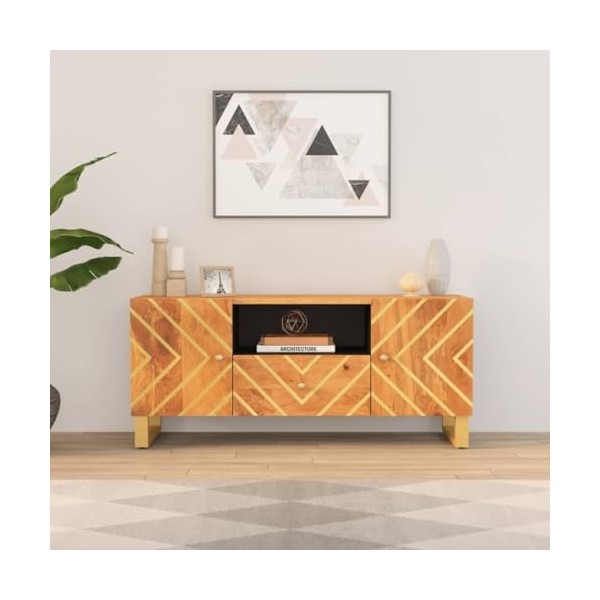 DCRAF Home Hardware Businese Meuble TV en bois massif Mangue Marron et noir 105 x 33,5 x 46 cm
