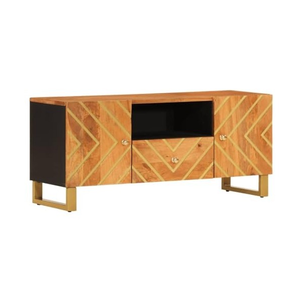 DCRAF Home Hardware Businese Meuble TV en bois massif Mangue Marron et noir 105 x 33,5 x 46 cm