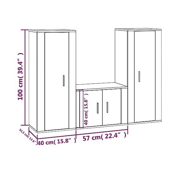 SEVSO Meuble TV 3 pièces en bois dingénierie gris béton