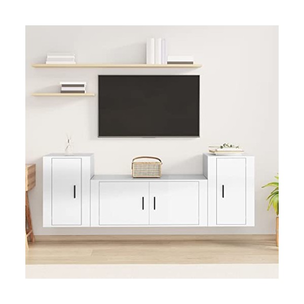 CUTSKY Meuble TV 3 pièces en bois blanc brillant