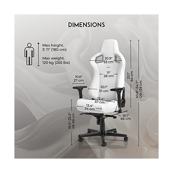 noblechairs Epic Chaise Gaming Blanc - Chaise de Jeu - Gaming Chair - Chaise Bureau Ergonomique - Chaise Pivotante - Fauteuil