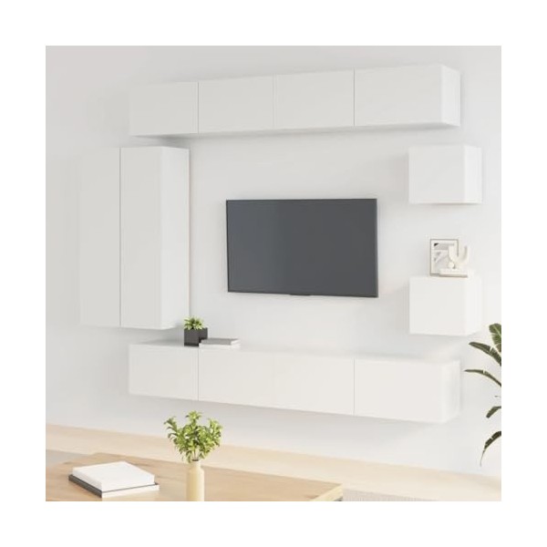 Ensemble de Meubles TV 8 pcs Blanc Brillant Bois dingénierie - Table TV Support de Télévision en Bois pour Salon Chambre Sal