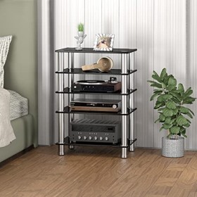 Meuble HiFi Console 5-Tier Audio Video Support pour Boitier TV Lecteur DVDT Xbox Gaming Consoles Verre Trempé Noir HF1002