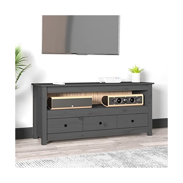 LEDSIX Meuble TV gris 114 x 35 x 52 cm en pin massif pour centres de divertissement et meubles TV