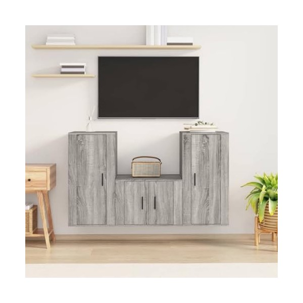 WOODEY Meuble TV 3 pièces Gris Sonoma Meuble en bois dingénierie