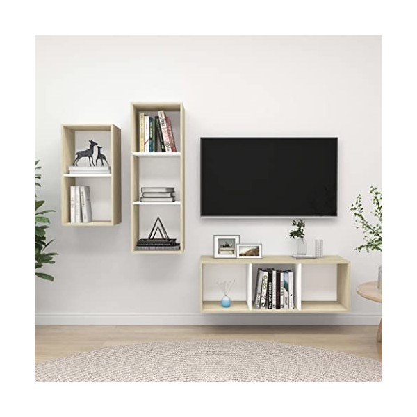 Home Hardware Businese Meuble TV 3 pièces en bois dingénierie Blanc et chêne Sonoma