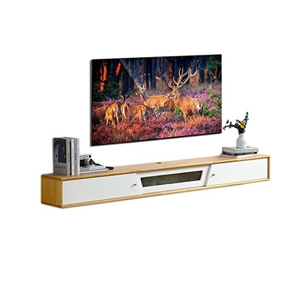 Meuble TV Mural 47,2/55,1 Pouces Console Média Murale avec Portes Coulissantes, Meuble TV Flottant Rustique, Étagère de Range