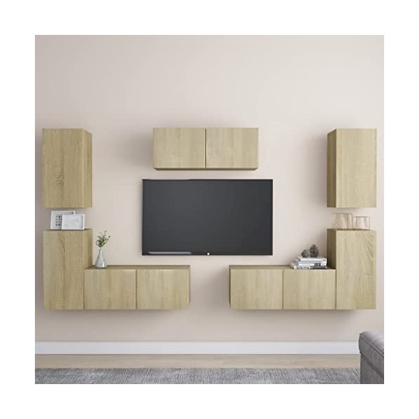 lvssiao Modulo TV Meuble de salon Meubles de mur TV 7 pièces aggloméré Couleur chêne Sonoma Table TV facile à nettoyer pour c