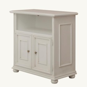 Meuble TV artisanal en bois de style classique, deux portes et compartiment en laqué blanc patiné, meuble pour salon, cuisine