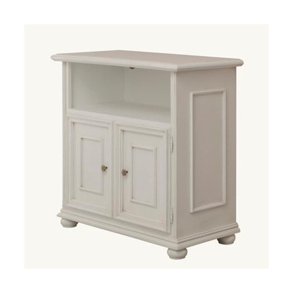 Meuble TV artisanal en bois de style classique, deux portes et compartiment en laqué blanc patiné, meuble pour salon, cuisine