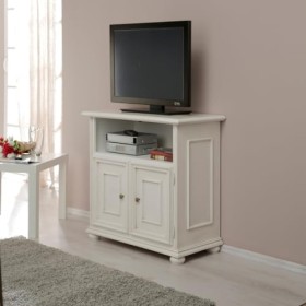 Meuble TV artisanal en bois de style classique, deux portes et compartiment en laqué blanc patiné, meuble pour salon, cuisine