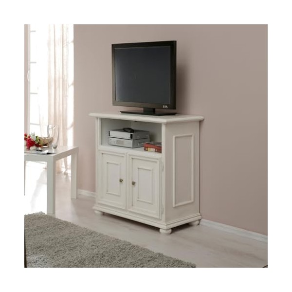 Meuble TV artisanal en bois de style classique, deux portes et compartiment en laqué blanc patiné, meuble pour salon, cuisine