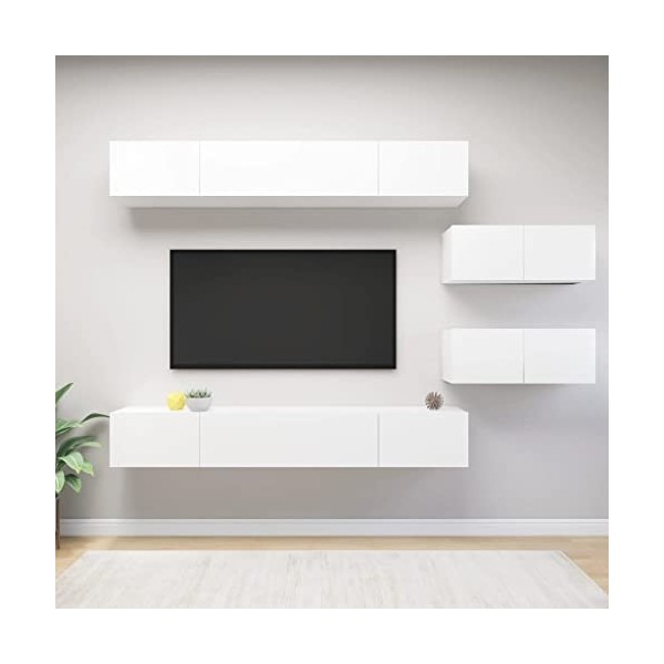 Meuble TV Mural avec Compartiments 6pcs, Meuble de Rangement TV Table pour Salon, Moderne, Blanc