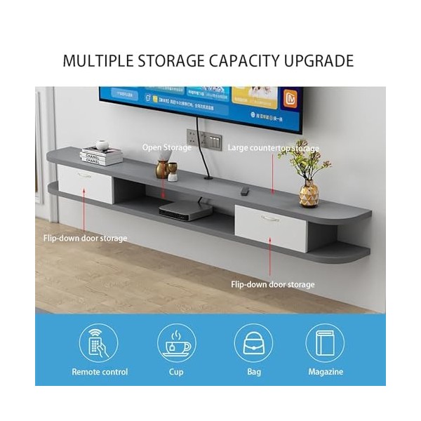 IAKAEUI Meuble TV Mural,Étagère Murale Flottante en Bois avec 2 Tiroirs, Console Multimédia Centre de Divertissement Meuble T