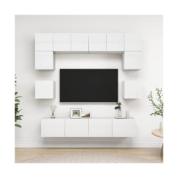 Camerina Ensemble de Meuble TV 8 pcs Blanc Brillant Aggloméré,Table TV,Ensemble Meuble TV,Meuble Tv695