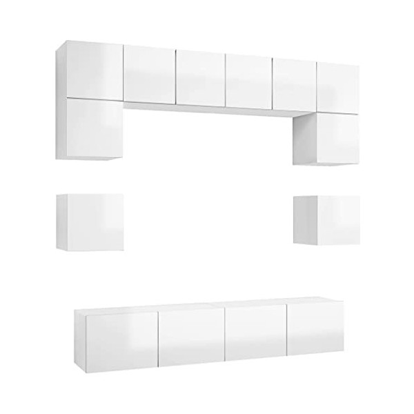 Camerina Ensemble de Meuble TV 8 pcs Blanc Brillant Aggloméré,Table TV,Ensemble Meuble TV,Meuble Tv695