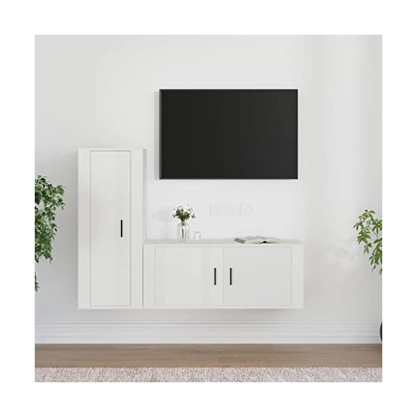 Meuble TV 2 pièces en bois blanc brillant