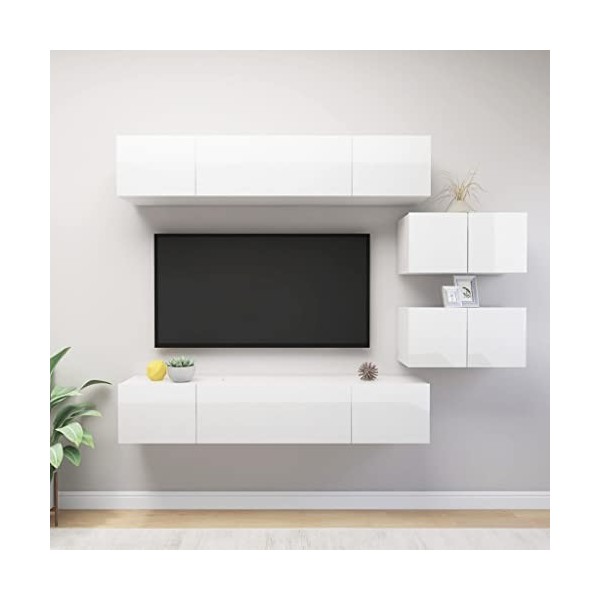 Meuble TV Suspendu avec Compartiments 6pcs, Cabinet pour Salon DVD CD AV Equipement, Contemporain, Blanc Brillant