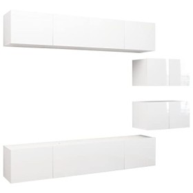 Meuble TV Suspendu avec Compartiments 6pcs, Cabinet pour Salon DVD CD AV Equipement, Contemporain, Blanc Brillant
