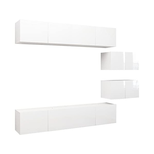 Meuble TV Suspendu avec Compartiments 6pcs, Cabinet pour Salon DVD CD AV Equipement, Contemporain, Blanc Brillant