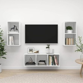 GANDUS Meuble TV 3 pièces en bois blanc brillant