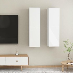 TEKEET Lot de 2 meubles TV en bois blanc brillant 30,5 x 30 x 110 cm