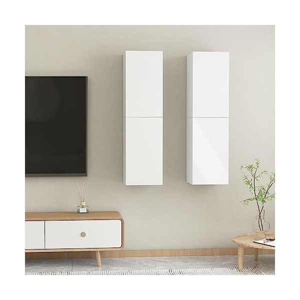 TEKEET Lot de 2 meubles TV en bois blanc brillant 30,5 x 30 x 110 cm