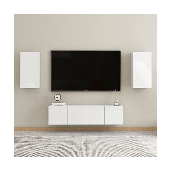 DCRAF Meuble TV 4 pièces en bois blanc brillant
