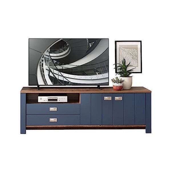 Stella Trading Dijon Bas, Aspect Meuble TV Moderne avec tiroirs et Beaucoup despace de Rangement pour Votre Salon, Bleu Pari