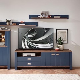 Stella Trading Dijon Bas, Aspect Meuble TV Moderne avec tiroirs et Beaucoup despace de Rangement pour Votre Salon, Bleu Pari