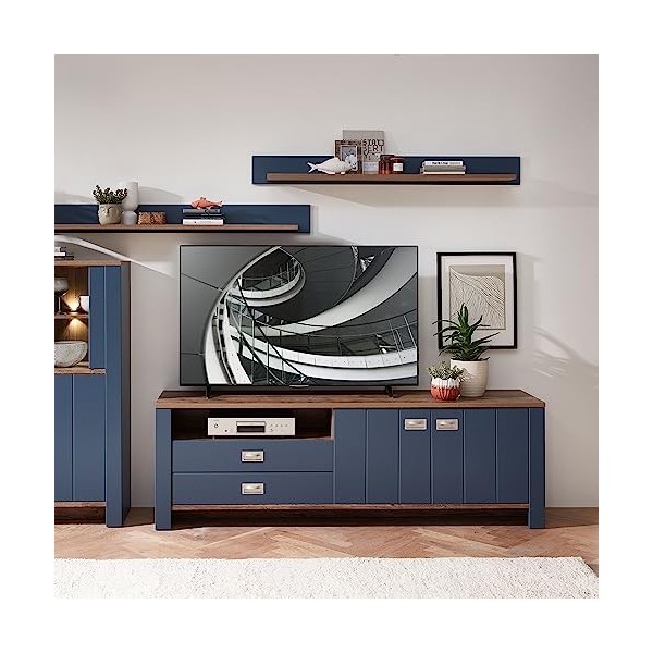 Stella Trading Dijon Bas, Aspect Meuble TV Moderne avec tiroirs et Beaucoup despace de Rangement pour Votre Salon, Bleu Pari