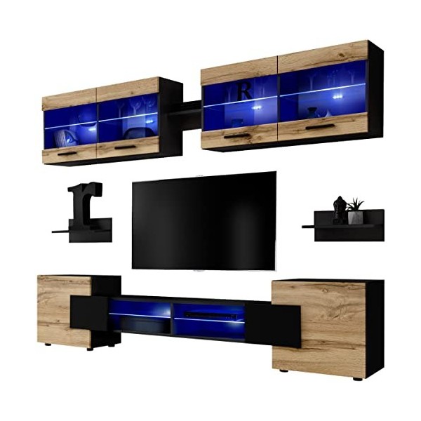 ExtremeFurniture Vision Ensemble Meuble TV Mural de Salon | 2 vitrines suspendues, 3 étagères murales et 1 Meuble TV | LED | 