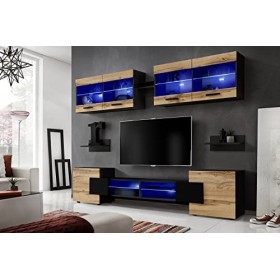 ExtremeFurniture Vision Ensemble Meuble TV Mural de Salon | 2 vitrines suspendues, 3 étagères murales et 1 Meuble TV | LED | 