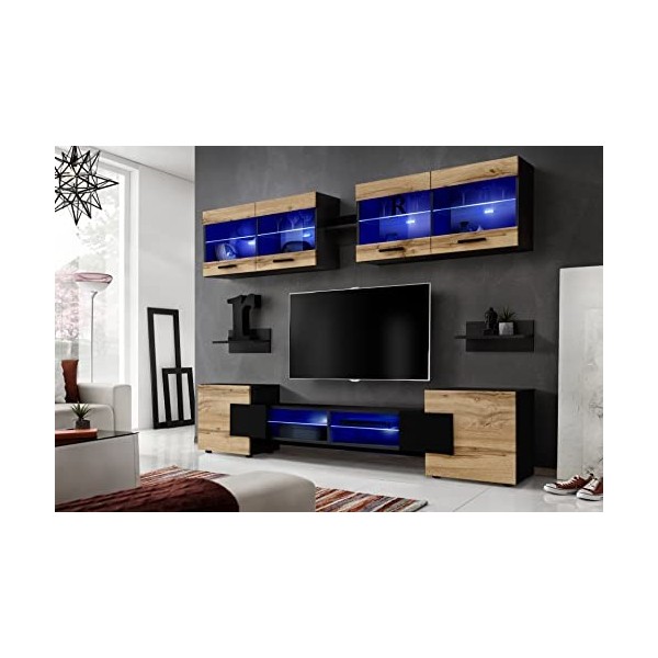 ExtremeFurniture Vision Ensemble Meuble TV Mural de Salon | 2 vitrines suspendues, 3 étagères murales et 1 Meuble TV | LED | 