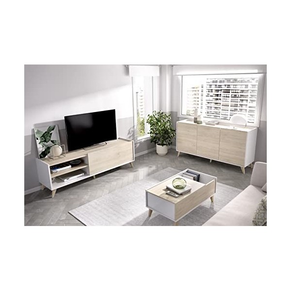 DEKIT GRUPO RIMOBEL Ness 6 Salon Complet, Mélamine Métal, Blanc et chêne Naturel, Completo