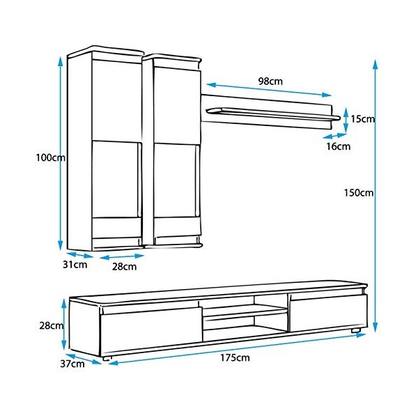 MB Muebles Bonitos | Ensemble de Meubles TV | Mur de Rangement | Meuble Salon avec LED | 175cm | Gris Anthracite et Chêne | M
