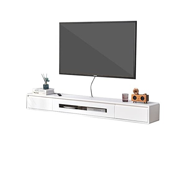 Meuble TV mural Meuble TV en bois massif, console multimédia murale avec 2 tiroirs, étagère flottante pour composants de meub