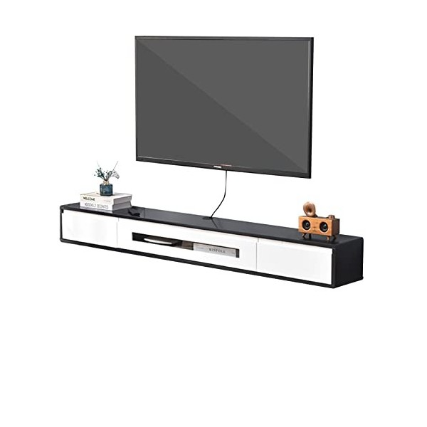 Meuble TV mural Meuble TV en bois massif, console multimédia murale avec 2 tiroirs, étagère flottante pour composants de meub