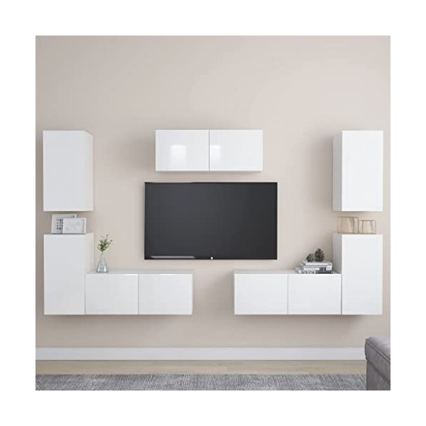 Meuble TV Suspendu avec Compartiments 7pcs, Meuble de Rangement TV Table pour Salon, Moderne, Blanc Brillant