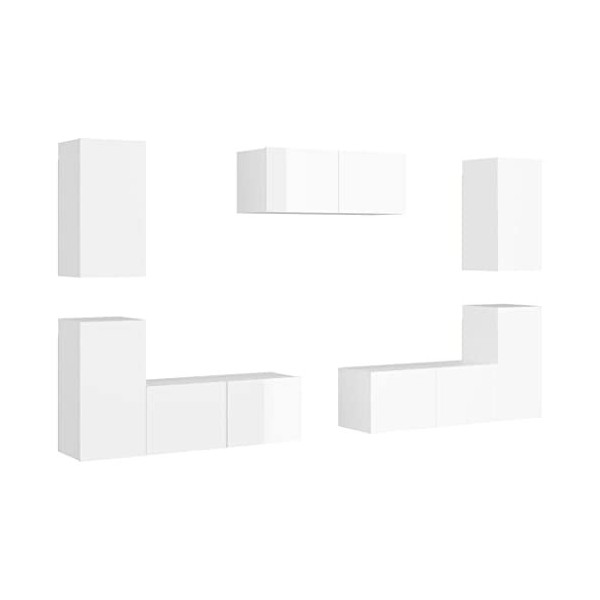 Meuble TV Suspendu avec Compartiments 7pcs, Meuble de Rangement TV Table pour Salon, Moderne, Blanc Brillant