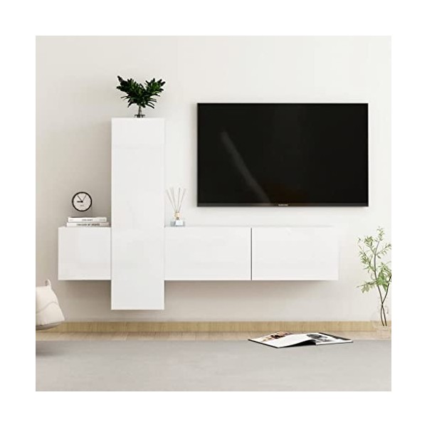 ECLAY Meuble TV 3 pièces en bois blanc brillant pour centres de divertissement et meubles TV