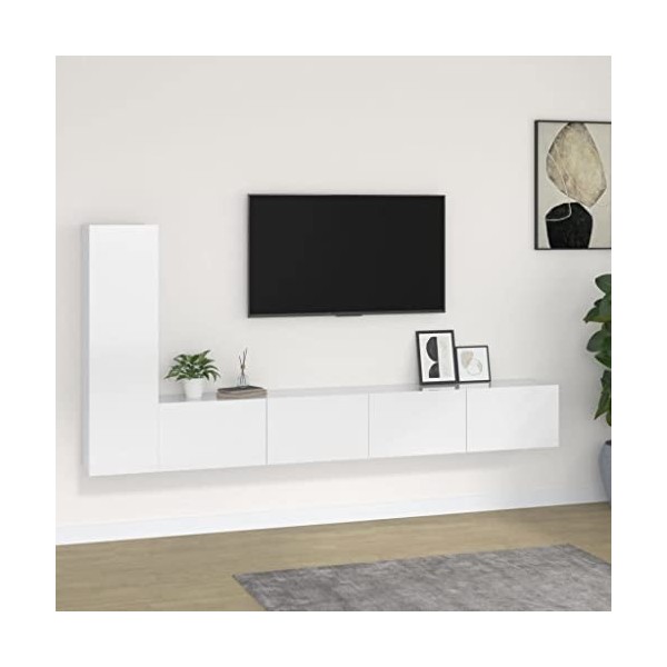 TEKEET Meuble TV 3 pièces en bois blanc brillant