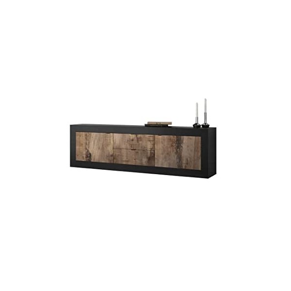 Tousmesmeubles Meuble TV 2 Portes 2 tiroirs Noir Mat/Bois fumé - Matera - L 210 x l 43 x H 66 cm - Neuf