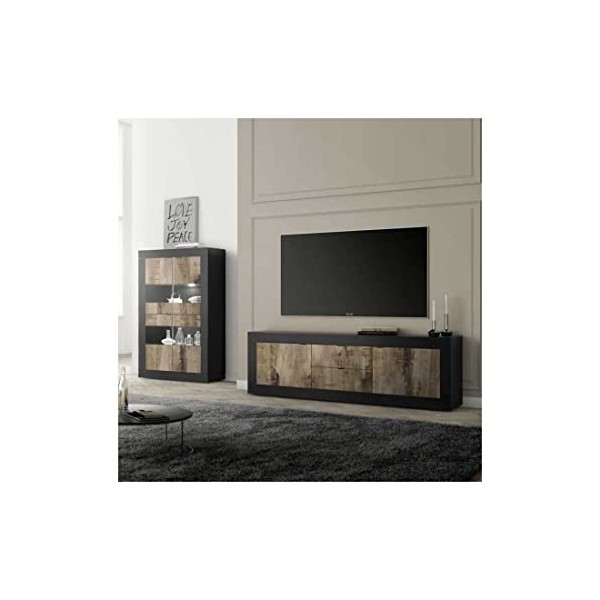 Tousmesmeubles Meuble TV 2 Portes 2 tiroirs Noir Mat/Bois fumé - Matera - L 210 x l 43 x H 66 cm - Neuf